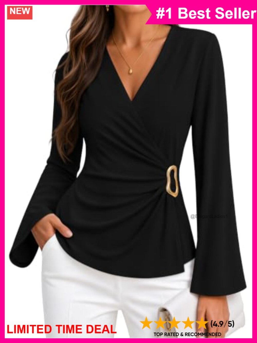 Wrap V-Neck Bell Sleeve Blouse Slim Fit Ruched Top
